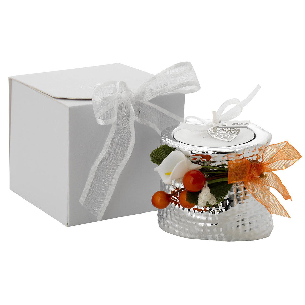Bagutta Portacandela Minisacco Argentato con Tealight e Decoro Floreale Azzurro 6x5x6 cm