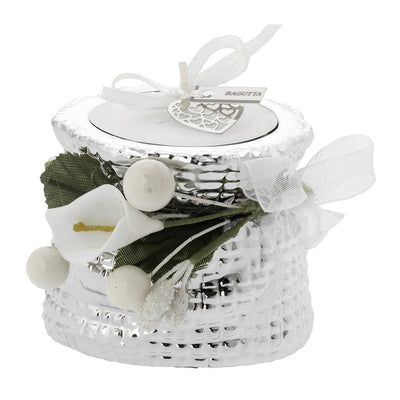 Bagutta Portacandela Minisacco Argentato con Tealight e Decoro Floreale Bianco 6x5x6 cm