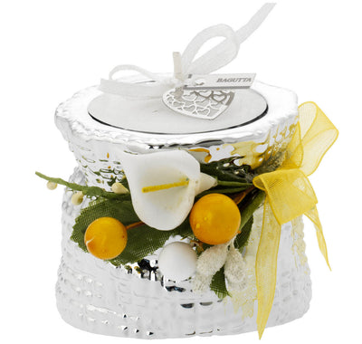 Bagutta Portacandela Minisacco Argentato con Tealight e Decoro Floreale Giallo 6x5x6 cm