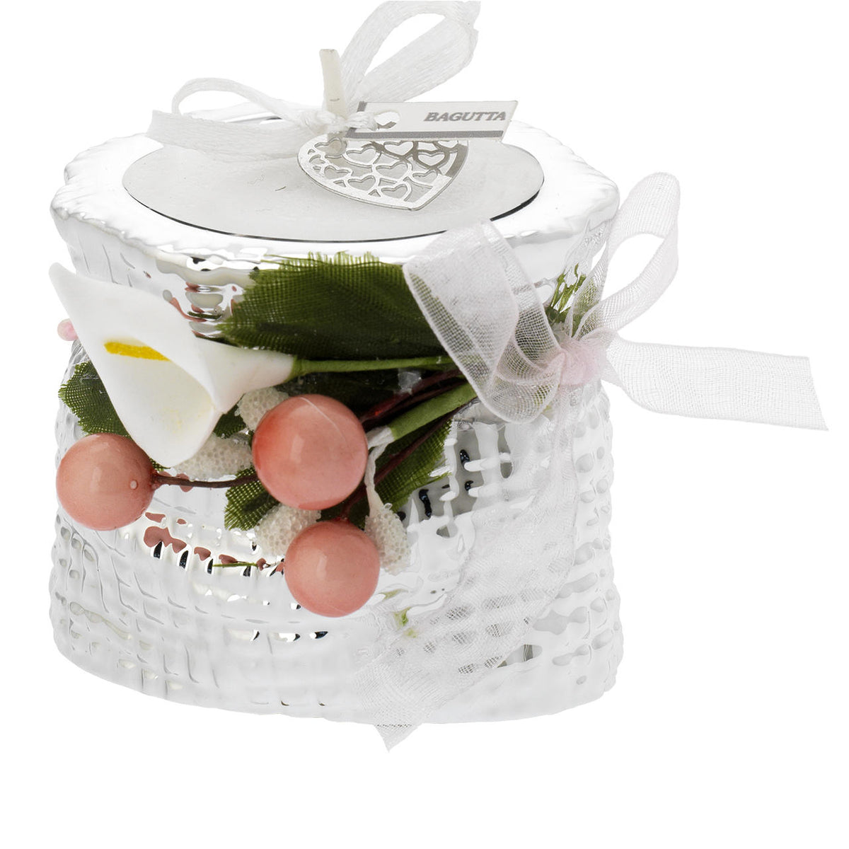 Bagutta Portacandela Minisacco Argentato con Tealight e Decoro Floreale Rosa 6x5x6 cm