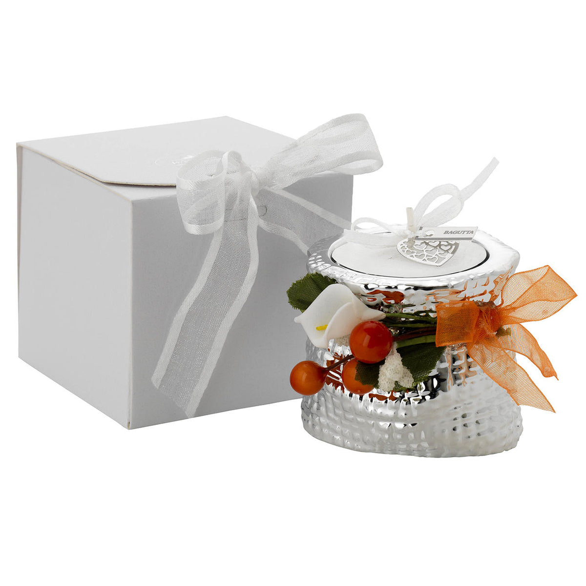 Bagutta Portacandela Minisacco Argentato con Tealight e Decoro Floreale Rosa 6x5x6 cm