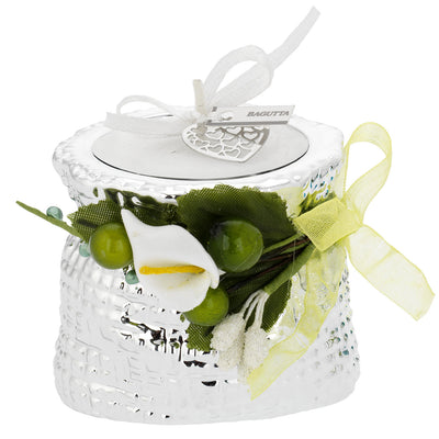 Bagutta Portacandela Minisacco Argentato con Tealight e Decoro Floreale Verde 6x5x6 cm