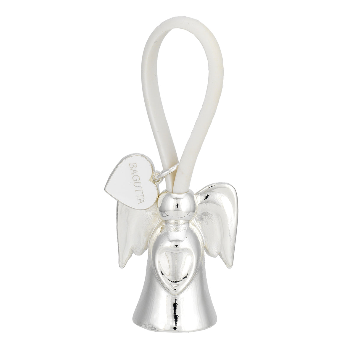 Bagutta Portachiavi Silver Plated Angelo con Ali Arrotondate Asola Bianca e Cuore 8 cm
