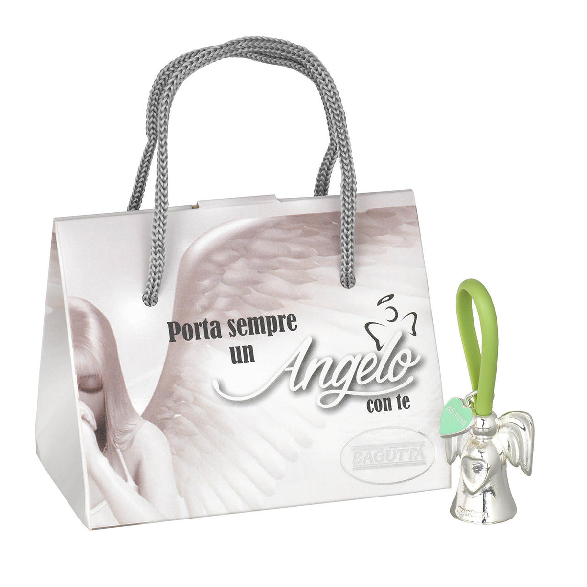Bagutta Portachiavi Silver Plated Angelo con Ali Arrotondate Asola Rosa e Cuore 8 cm