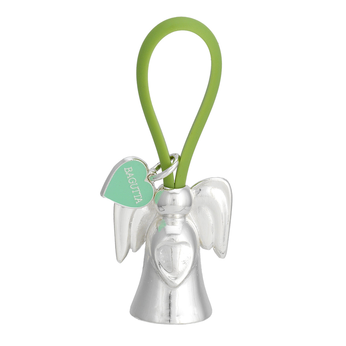 Bagutta Portachiavi Silver Plated Angelo con Ali Arrotondate Asola Verde e Cuore 8 cm