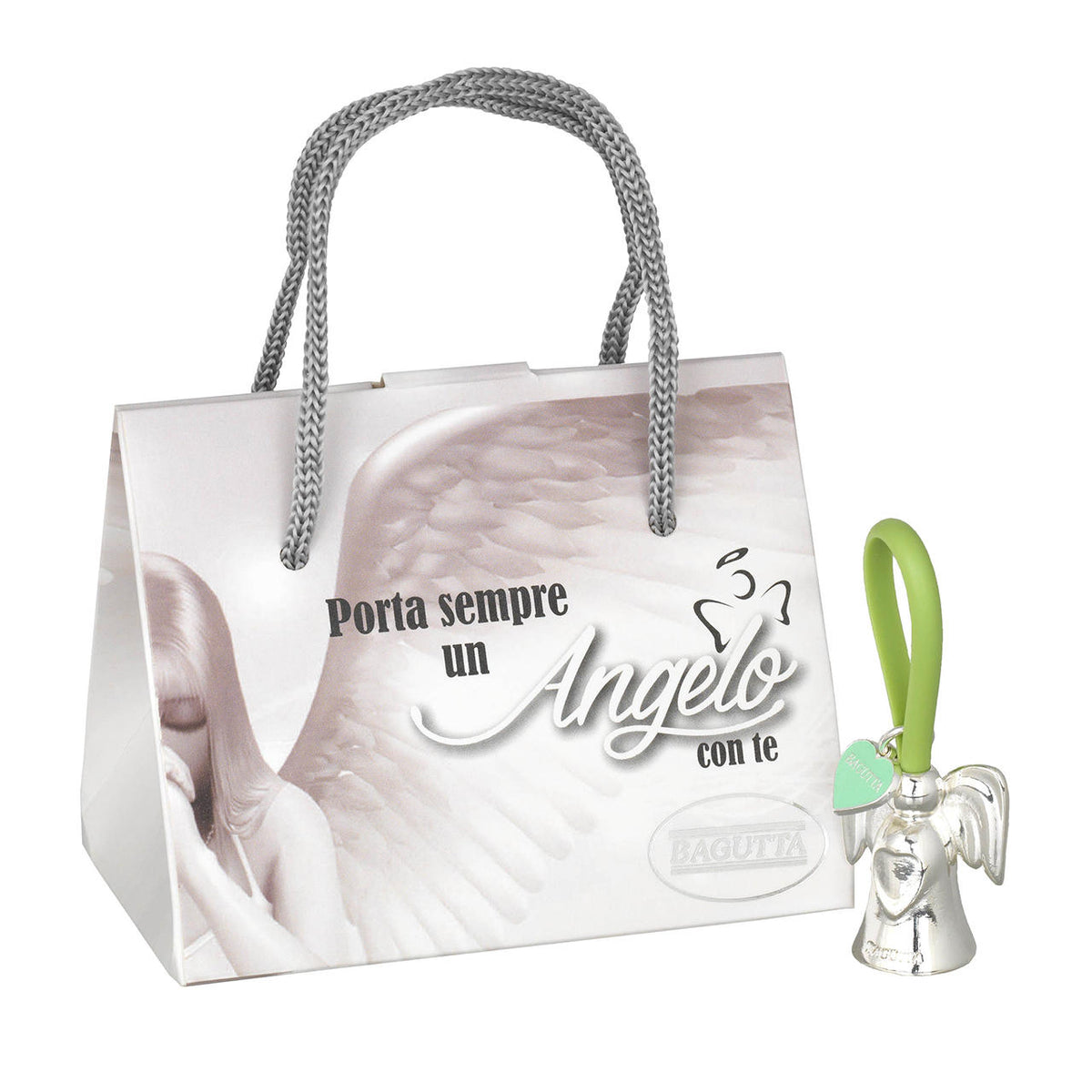 Bagutta Portachiavi Silver Plated Angelo con Ali Arrotondate Asola Verde e Cuore 8 cm