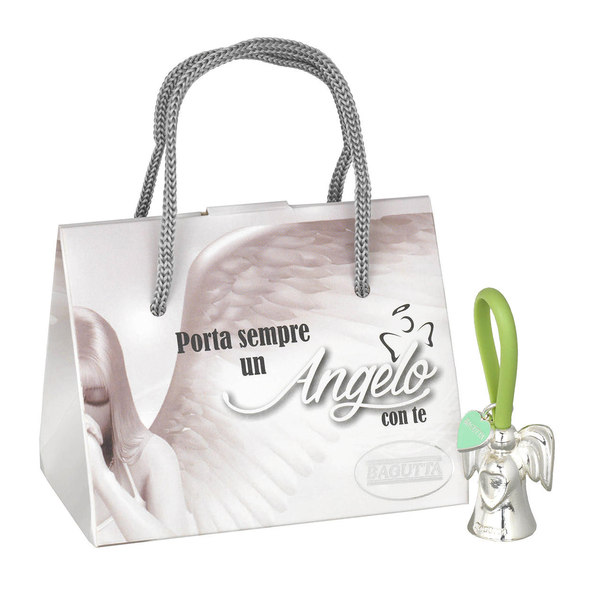 Bagutta Portachiavi Silver Plated Angelo con Ali Spiegate Asola Rosa e Cuore 8 cm