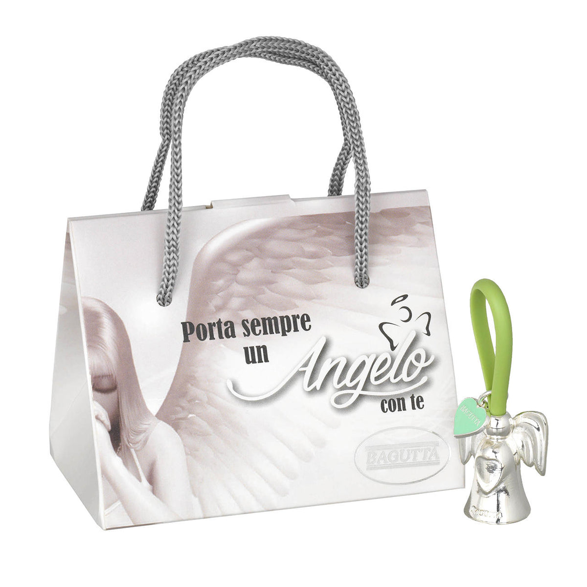 Bagutta Portachiavi Silver Plated Angelo con Ali Spiegate Asola Verde e Cuore 8 cm