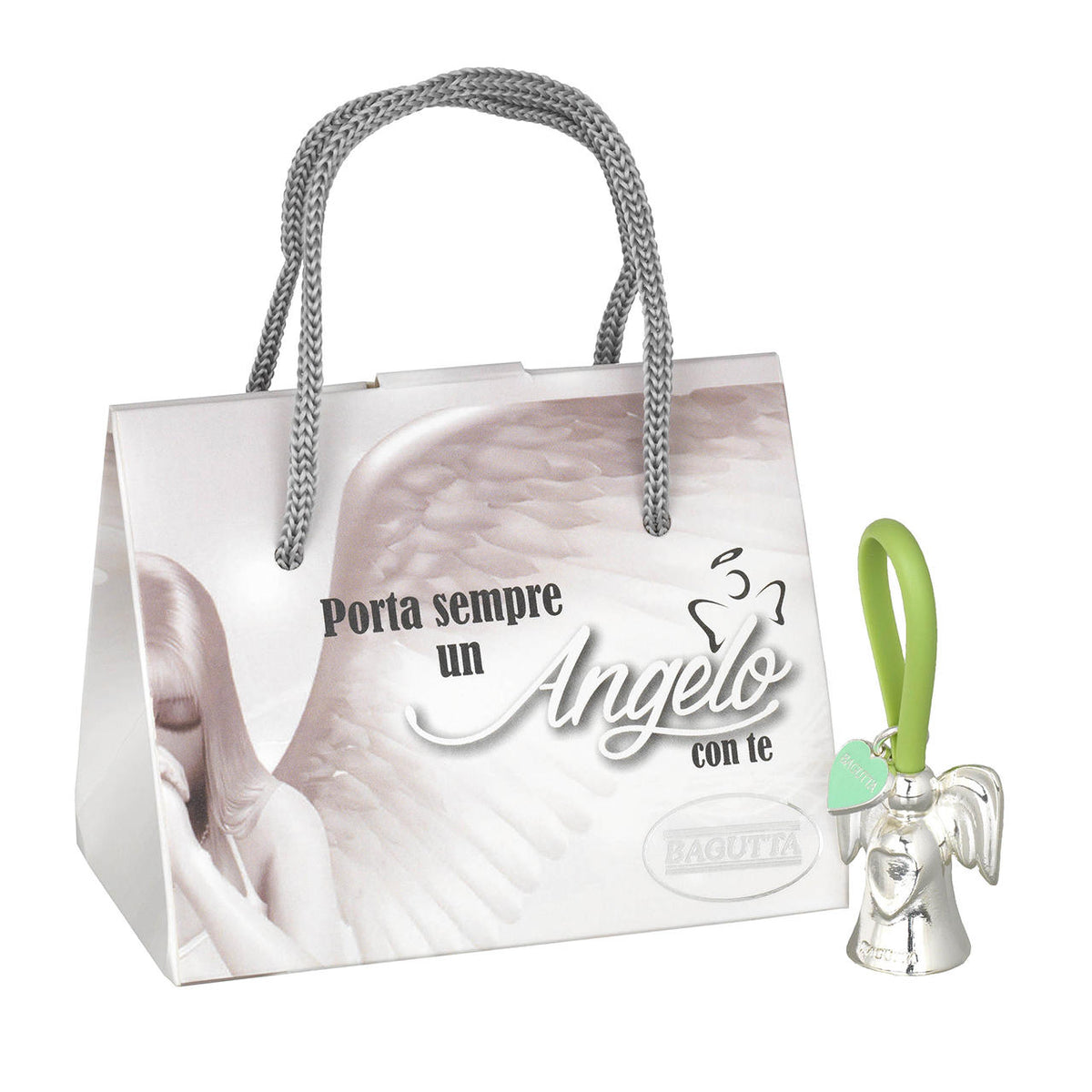 Bagutta Portachiavi Silver Plated Angelo con Mani Giunte Asola Bianca e Cuore 8 cm
