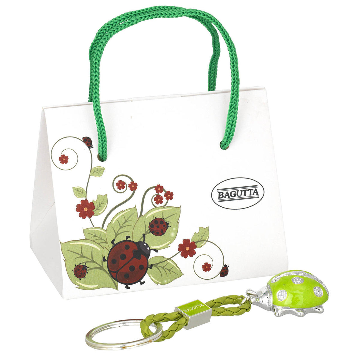 Bagutta Portachiavi Coccinella Silver Plated Bianca con Cordino Intrecciato 13 cm