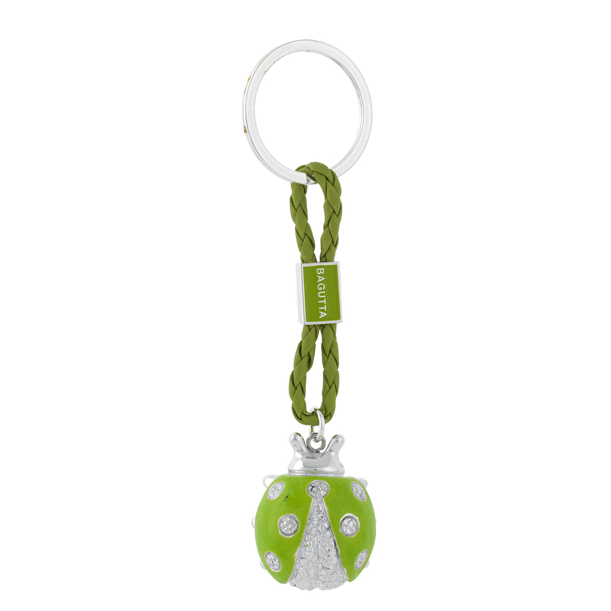Bagutta Portachiavi Coccinella Silver Plated Verde con Cordino Intrecciato 13 cm