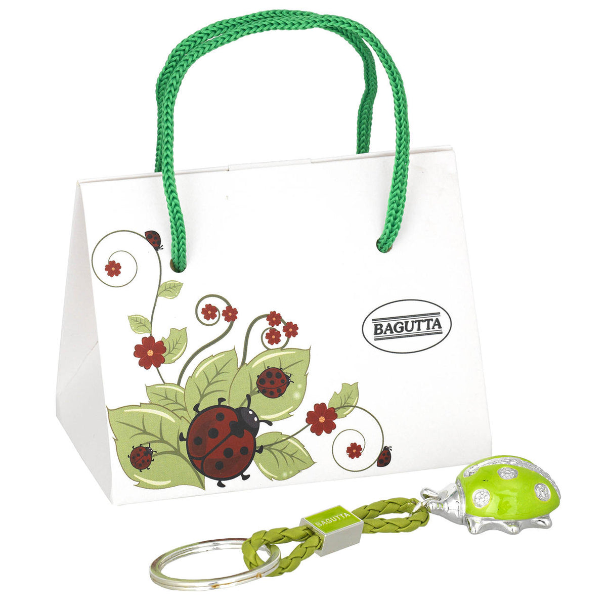 Bagutta Portachiavi Coccinella Silver Plated Verde con Cordino Intrecciato 13 cm