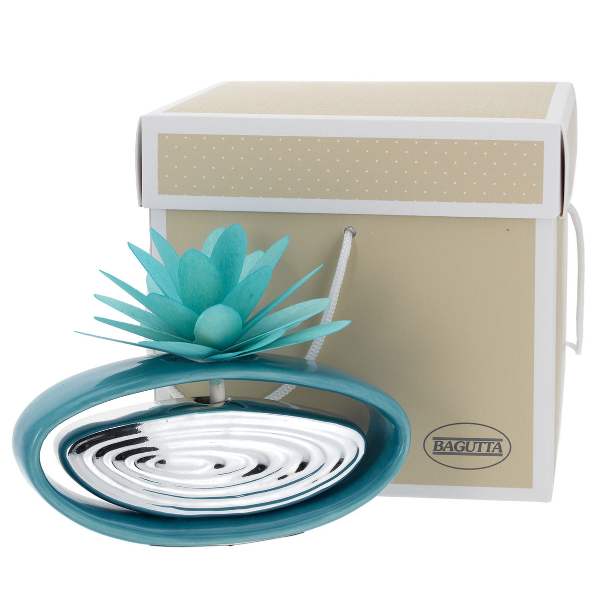 Bagutta Profumatore per Ambienti Quadrato Azzurro e Argentato con Dalia Azzurra 10x16 cm