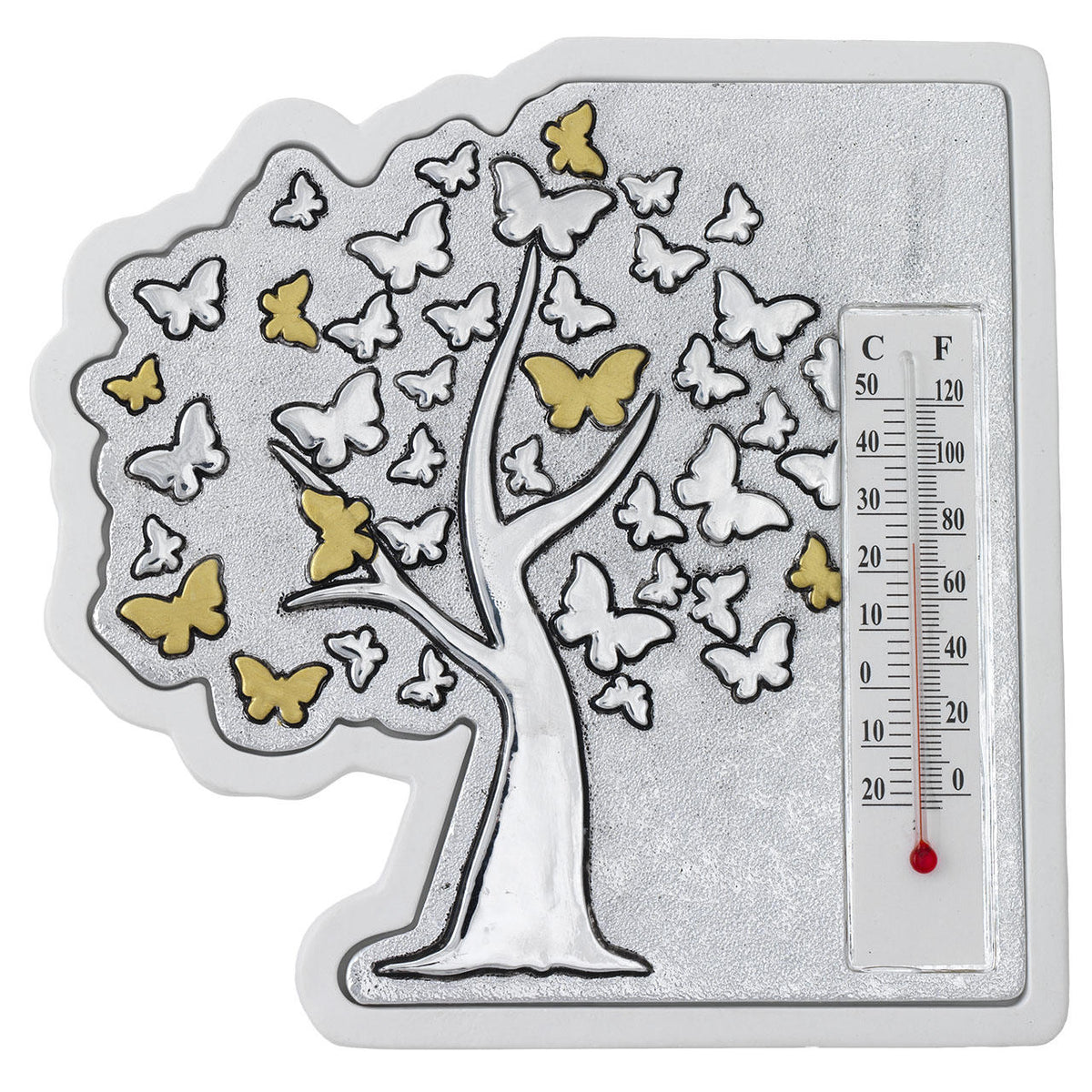 Bagutta Termometro Decorativo da Tavolo Sagomato Albero con Farfalle 15x15 cm