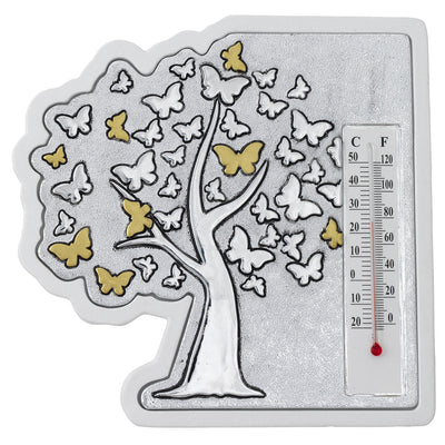 Bagutta Termometro Decorativo da Tavolo Sagomato Albero con Farfalle 15x15 cm