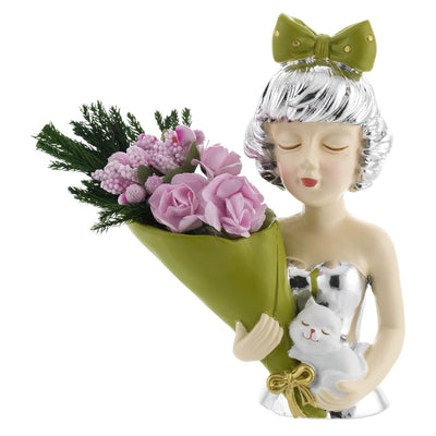 Bagutta Ville Lumière Mezzobusto Donna Verde con Bouquet e Gattino 12 cm