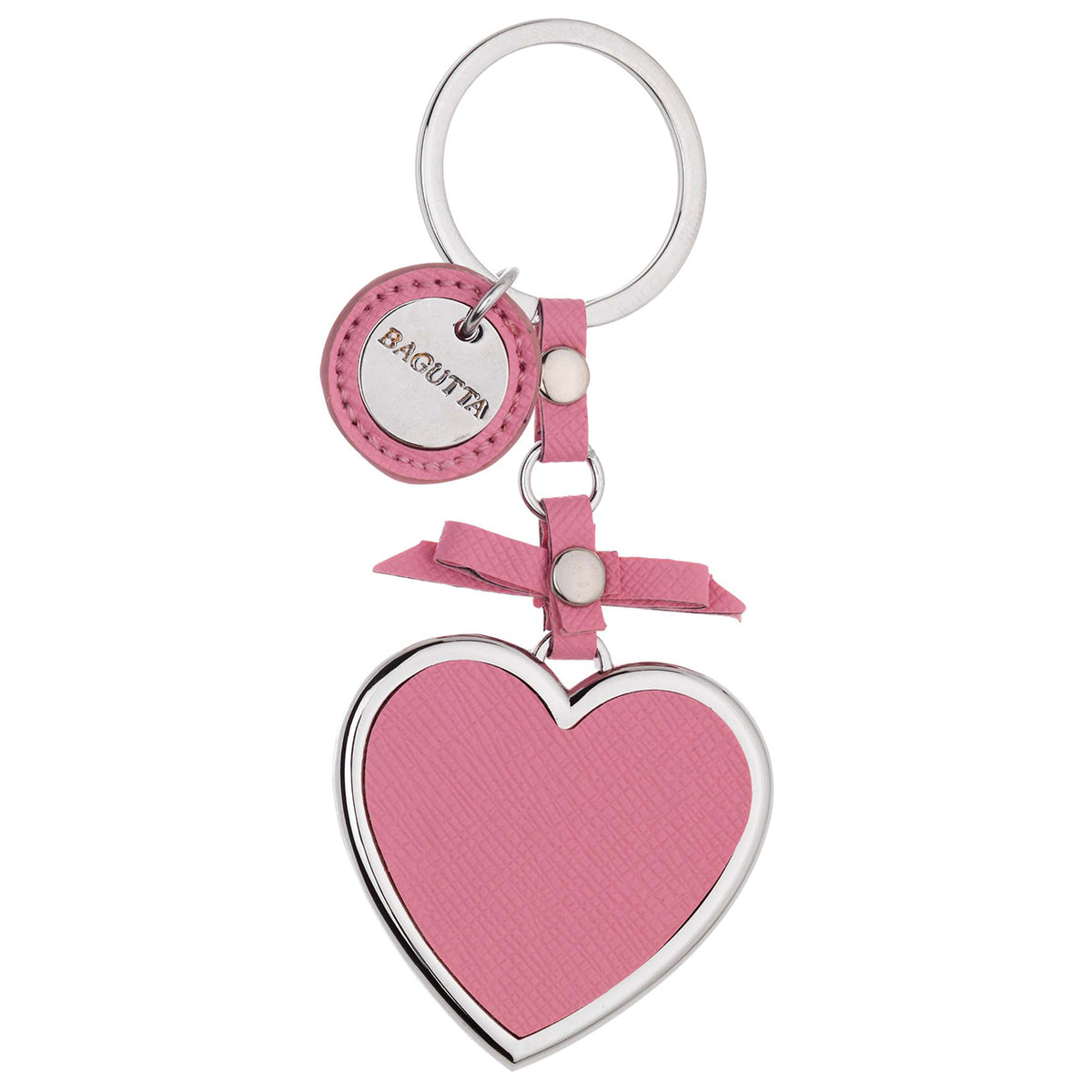 Bagutta Portachiavi Cuore Classico Rosa con Fiocco e Pendente Tondo 11 cm
