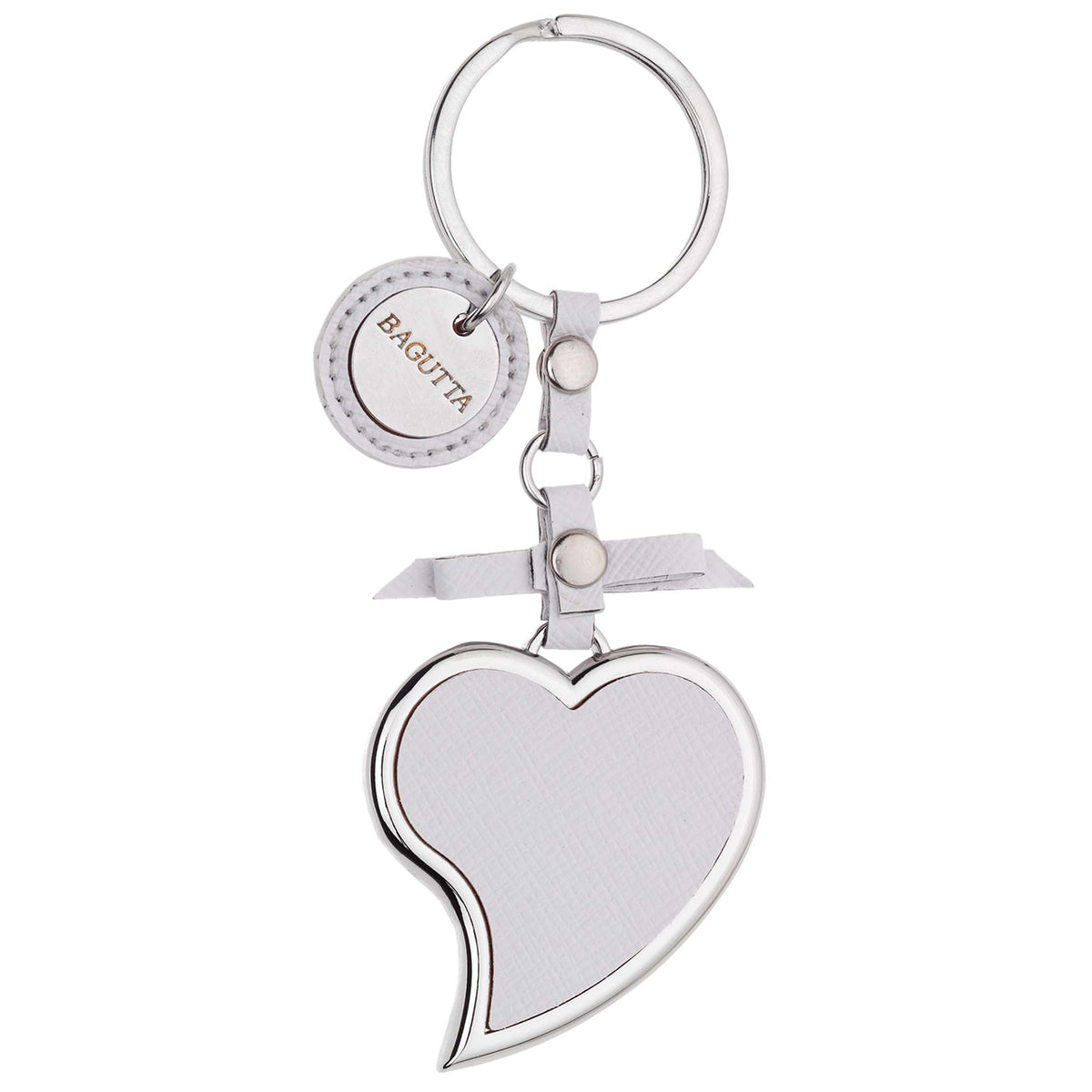 Bagutta Portachiavi Cuore Asimmetrico Bianco con Fiocco e Pendente Tondo 11 cm