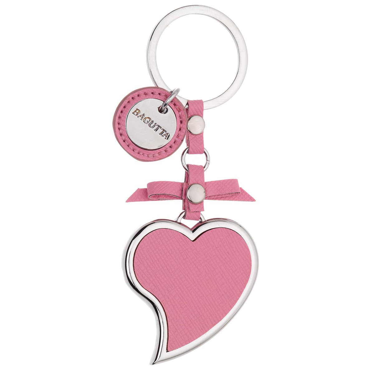 Bagutta Portachiavi Cuore Asimmetrico Rosa con Fiocco e Pendente Tondo 11 cm