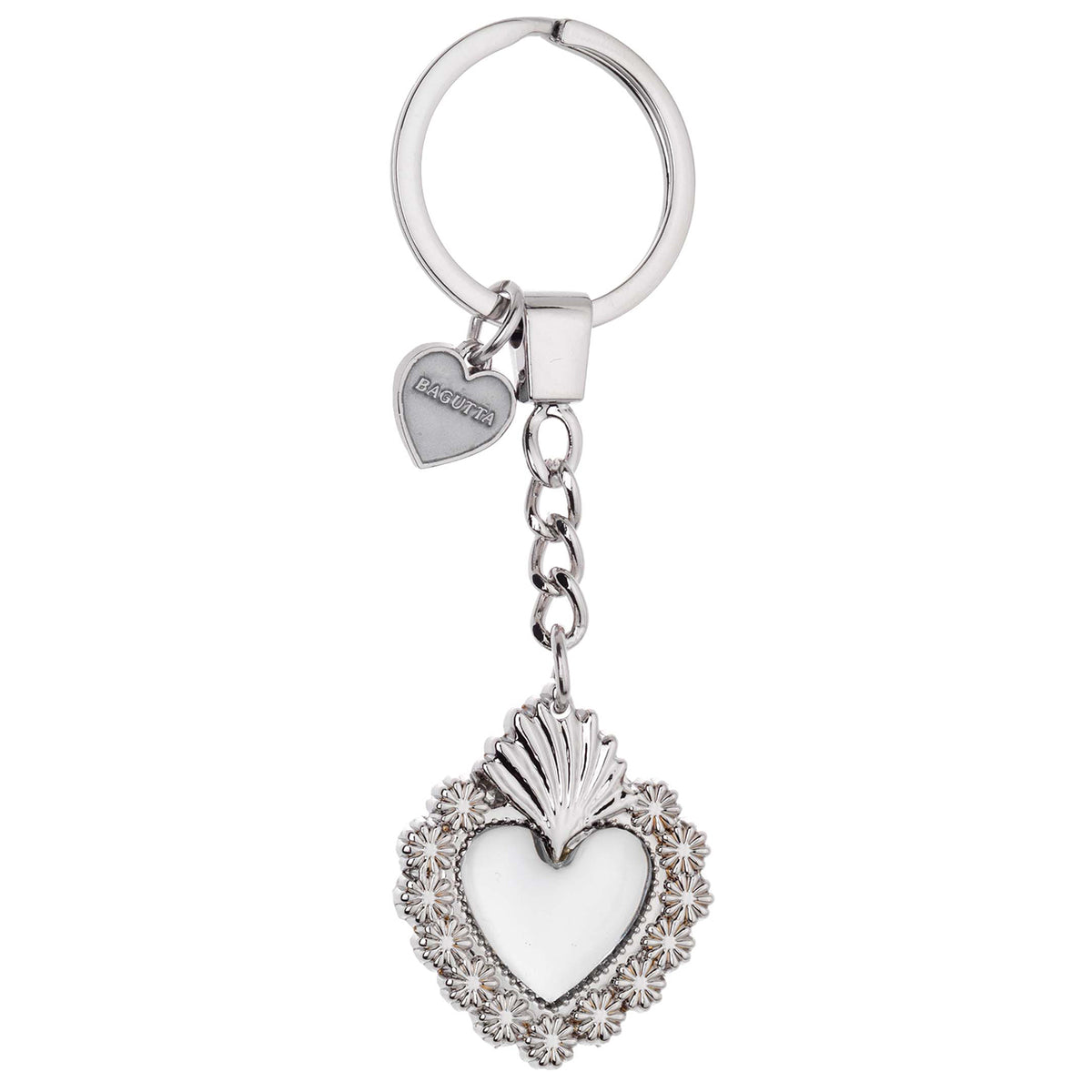Bagutta Portachiavi in Metallo Sacro Cuore Classico con Cornice di Margherite Argento 11 cm