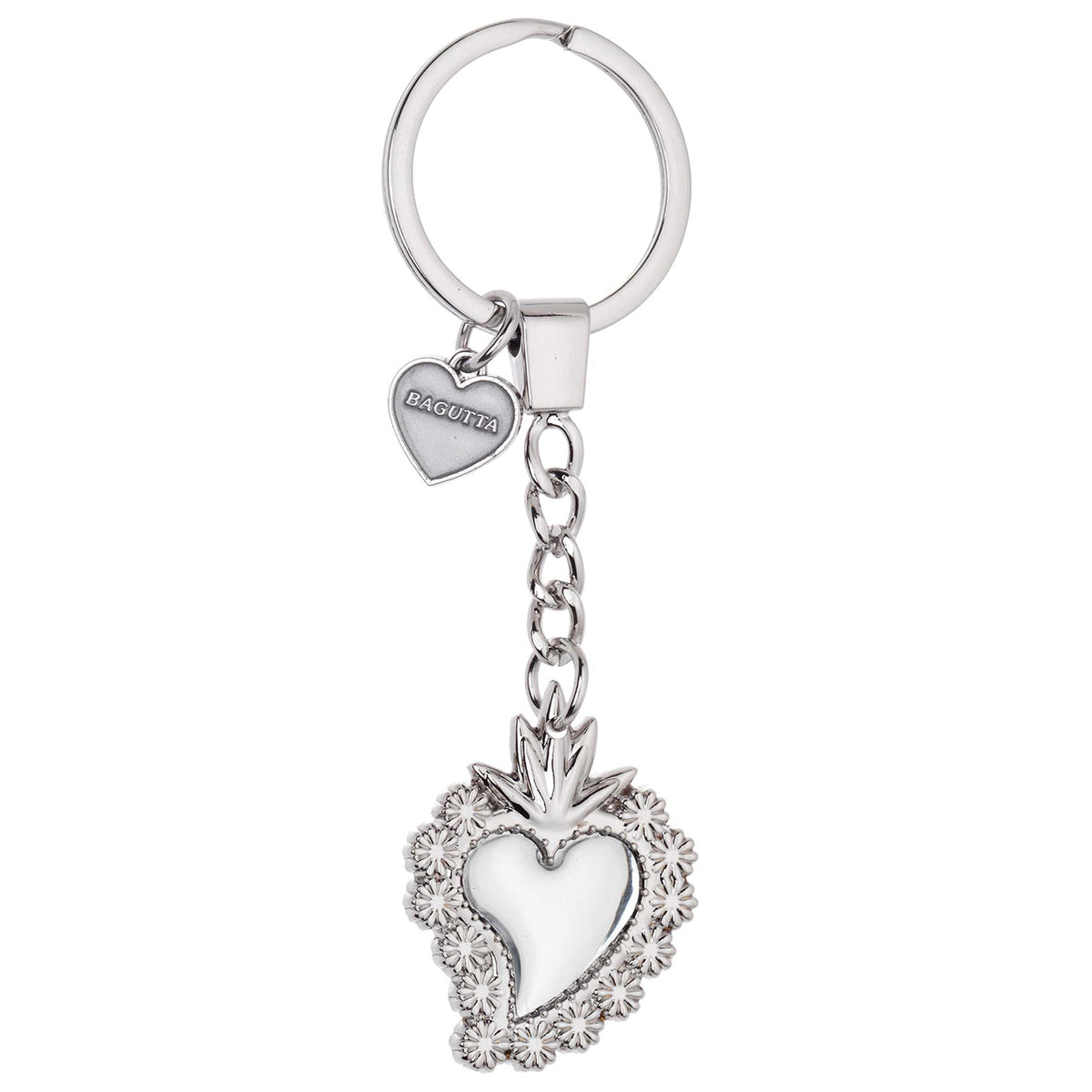 Bagutta Portachiavi in Metallo Sacro Cuore Asimmetrico con Cornice di Margherite Argento 11 cm