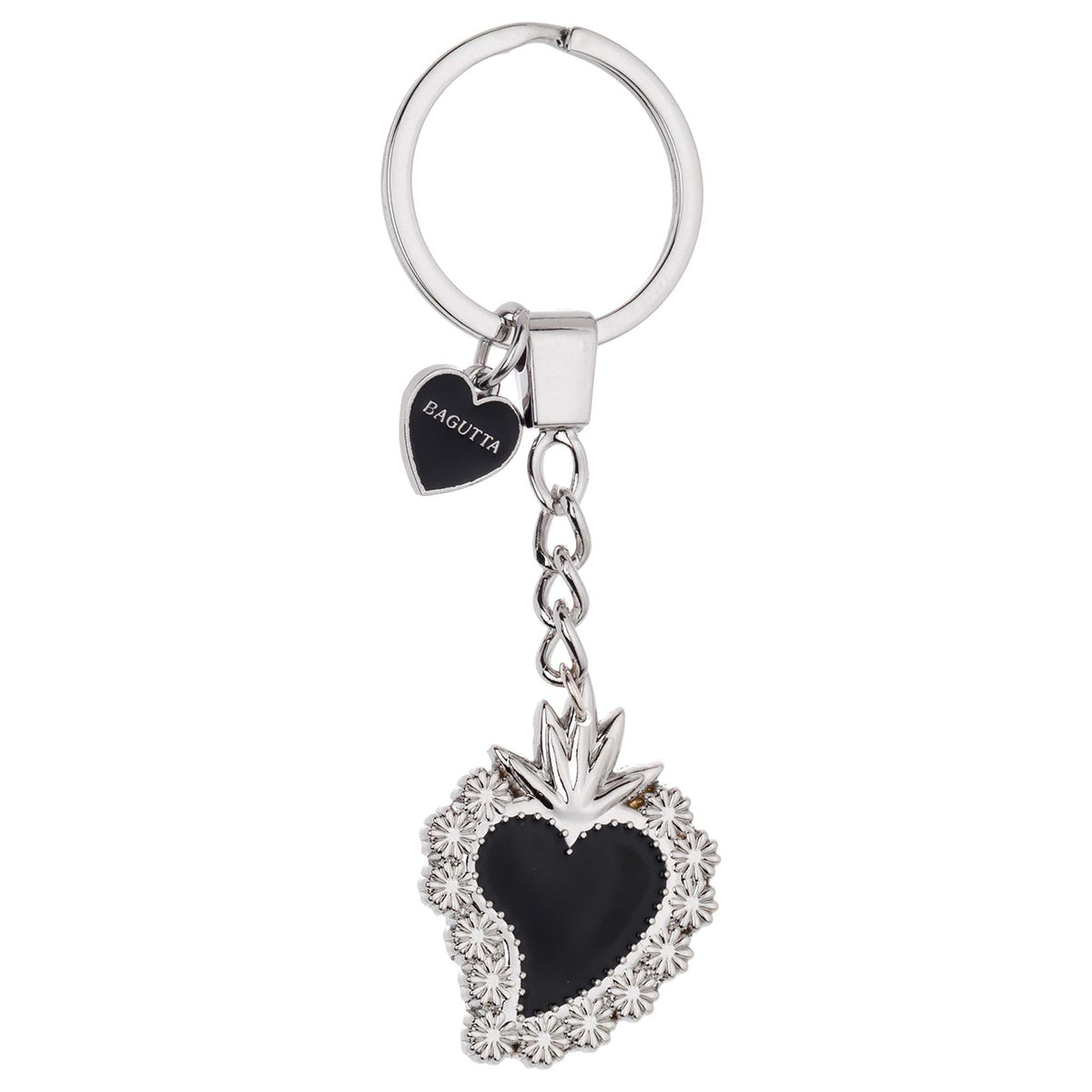 Bagutta Portachiavi in Metallo Sacro Cuore Asimmetrico con Cornice di Margherite Nero 11 cm