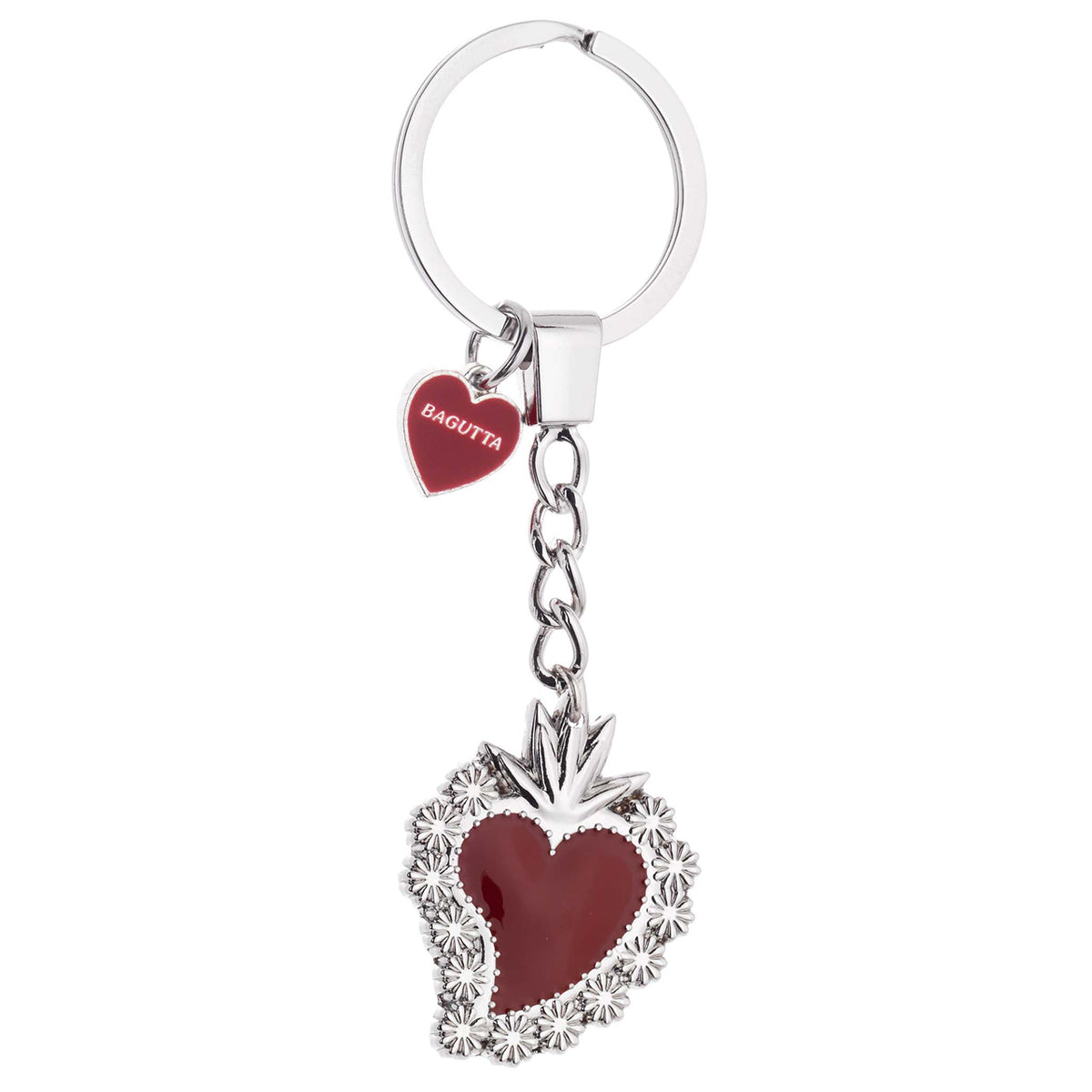 Bagutta Portachiavi in Metallo Sacro Cuore Asimmetrico con Cornice di Margherite Rosso 11 cm