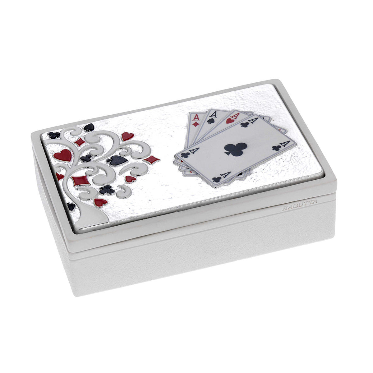 Bagutta Scatola Bianca con 2 Mazzi di Carte Albero dei Semi Argentato 10,5x16 cm
