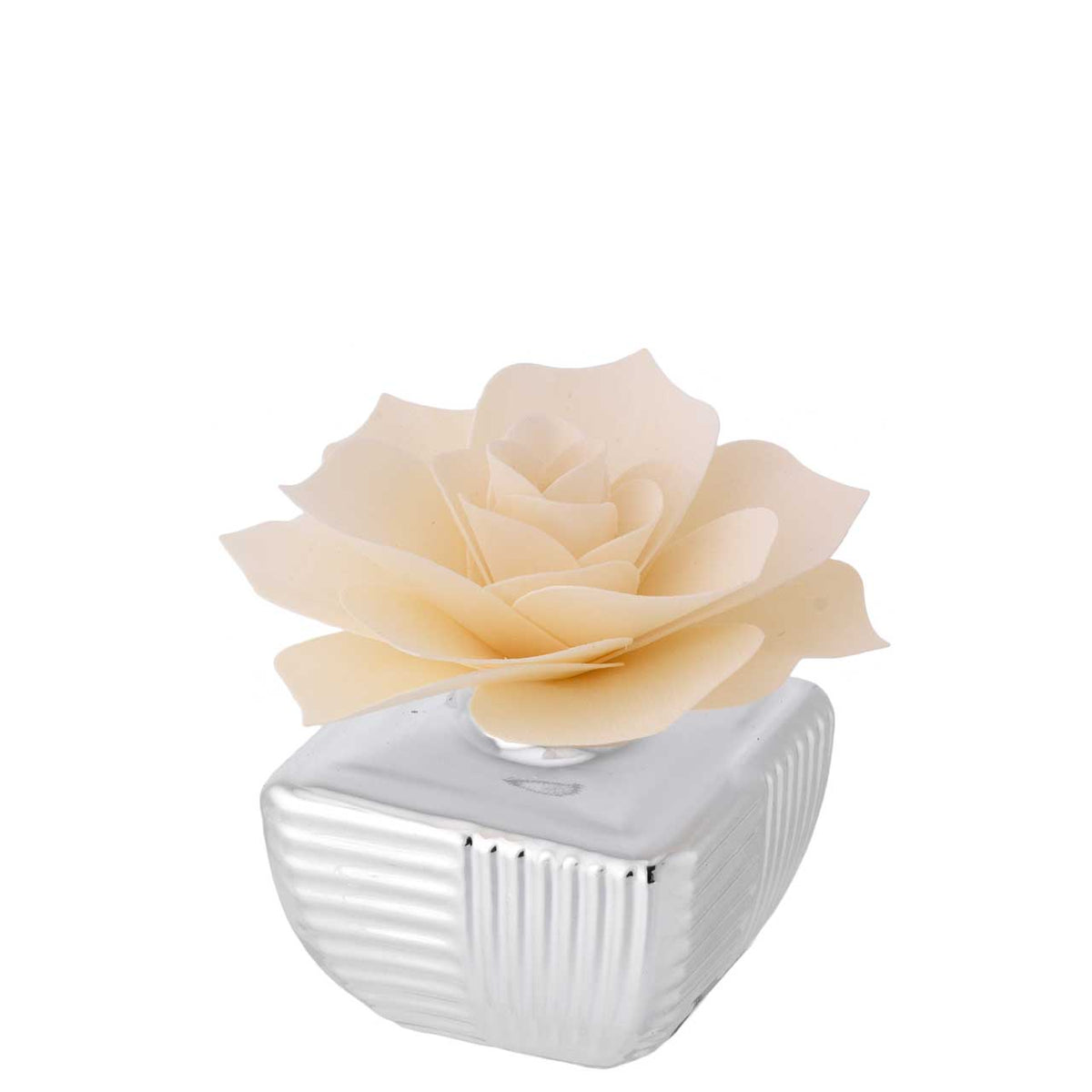 Bagutta Profumatore per Ambienti Quadrato Argentato a Coste con Rosa Avorio 6x6 cm