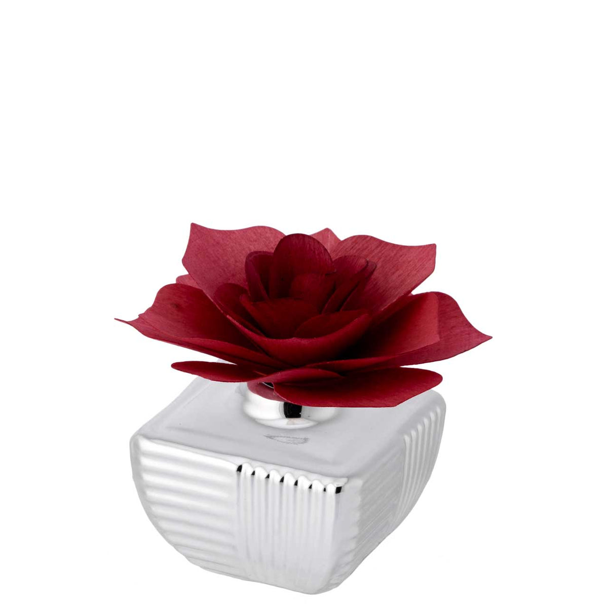 Bagutta Profumatore per Ambienti Quadrato Argentato a Coste con Rosa Rossa 6x6 cm