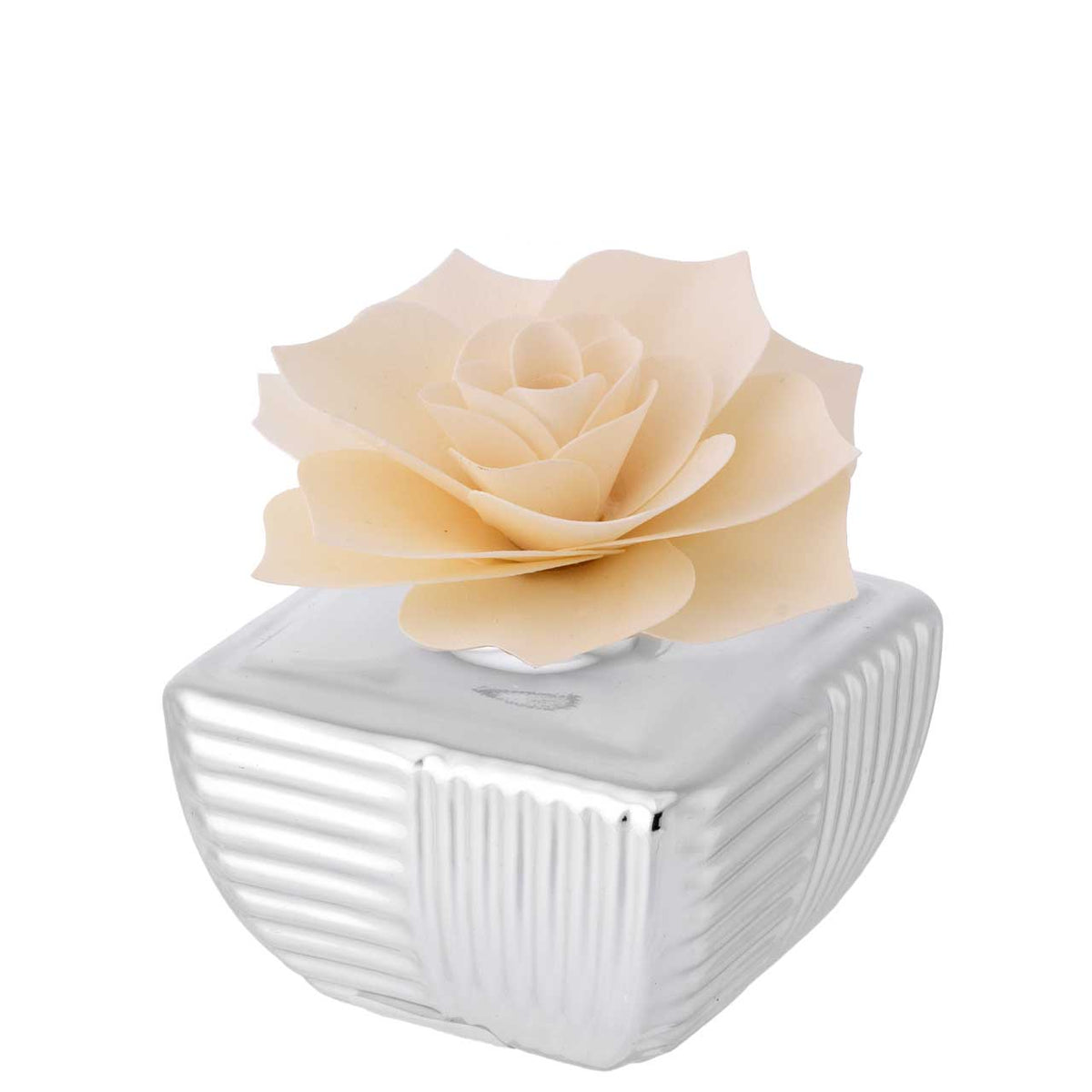 Bagutta Profumatore per Ambienti Quadrato Argentato a Coste con Rosa Avorio 7,5x7,5 cm