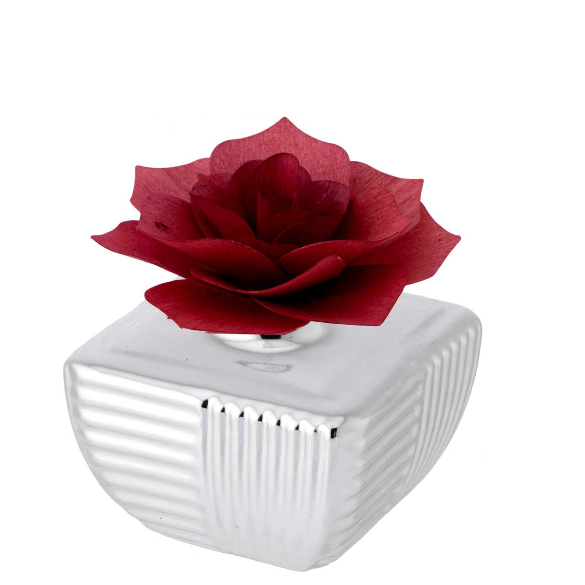 Bagutta Profumatore per Ambienti Quadrato Argentato a Coste con Rosa Rossa 7,5x7,5 cm