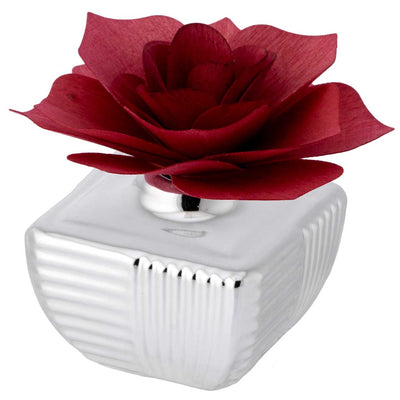 Bagutta Profumatore per Ambienti Quadrato Argentato a Coste con Rosa Rossa 9x9 cm