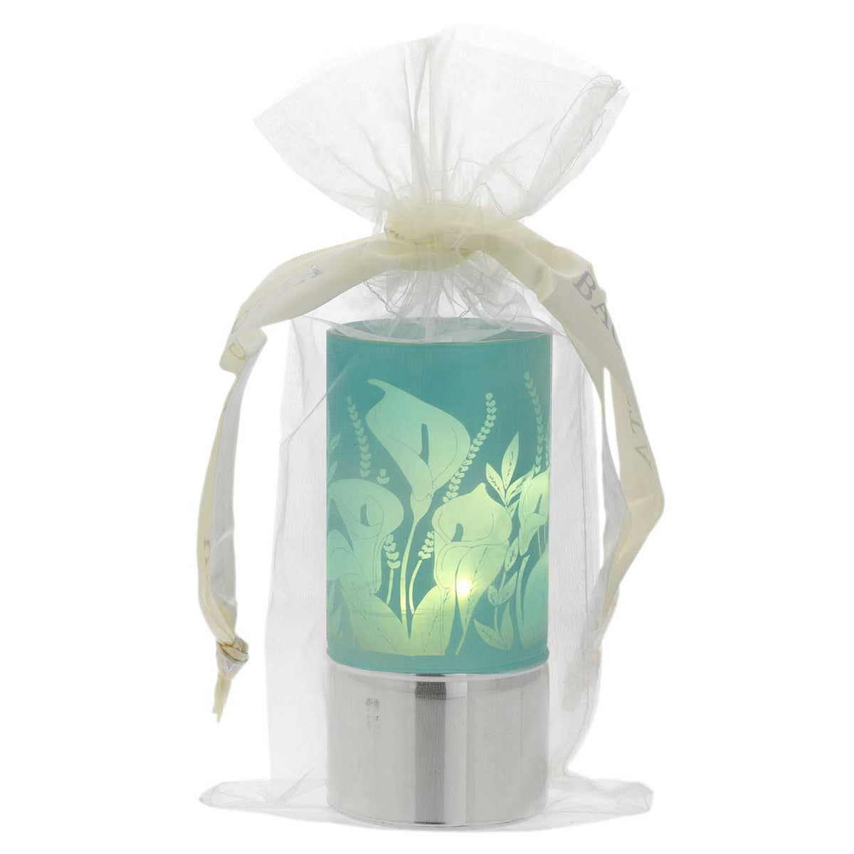 Bagutta Lampada LED in Vetro Decoro Fiori Fondo Azzurro Batterie Incluse 7x15 cm