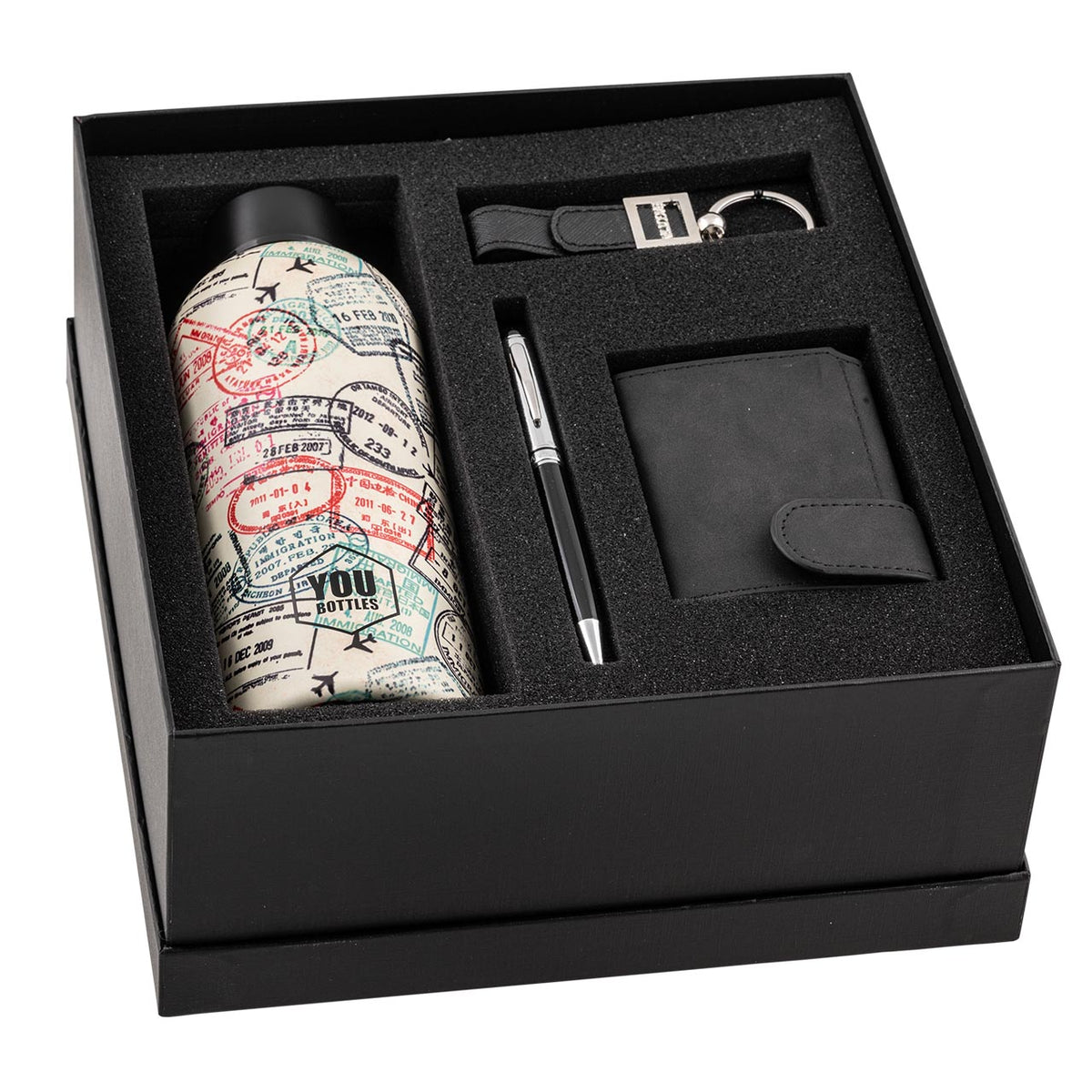 Bagutta Box Regalo Uomo con Bottiglia Termica AISI 304 World Travel, Portafoglio, Penna e Portachiavi 23x25x9 cm