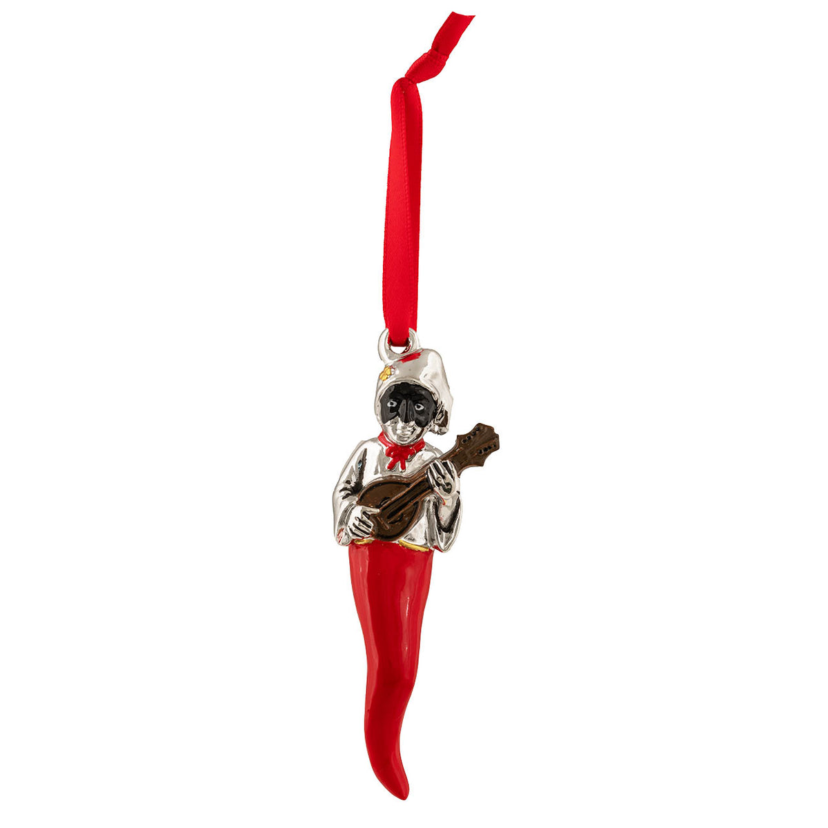 Bagutta Talismano Portafortuna Cornino Rosso con Pulcinella e Mandolino 9,5 cm