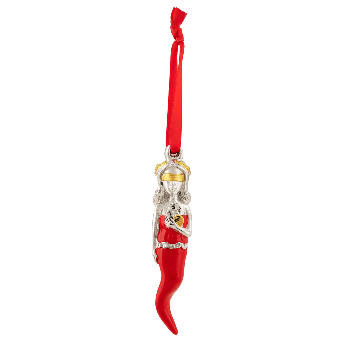 Bagutta Talismano Portafortuna Cornino Rosso con Dea Bendata e Monete 9,5 cm