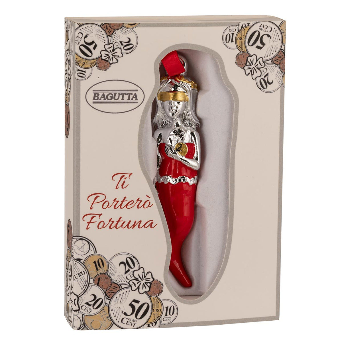 Bagutta Talismano Portafortuna Cornino Rosso con Dea Bendata e Monete 9,5 cm