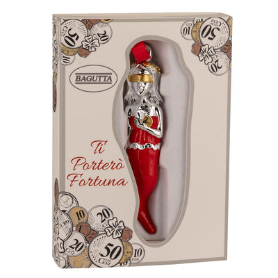 Bagutta Talismano Portafortuna Cornino Rosso con Dea Bendata e Monete 9,5 cm