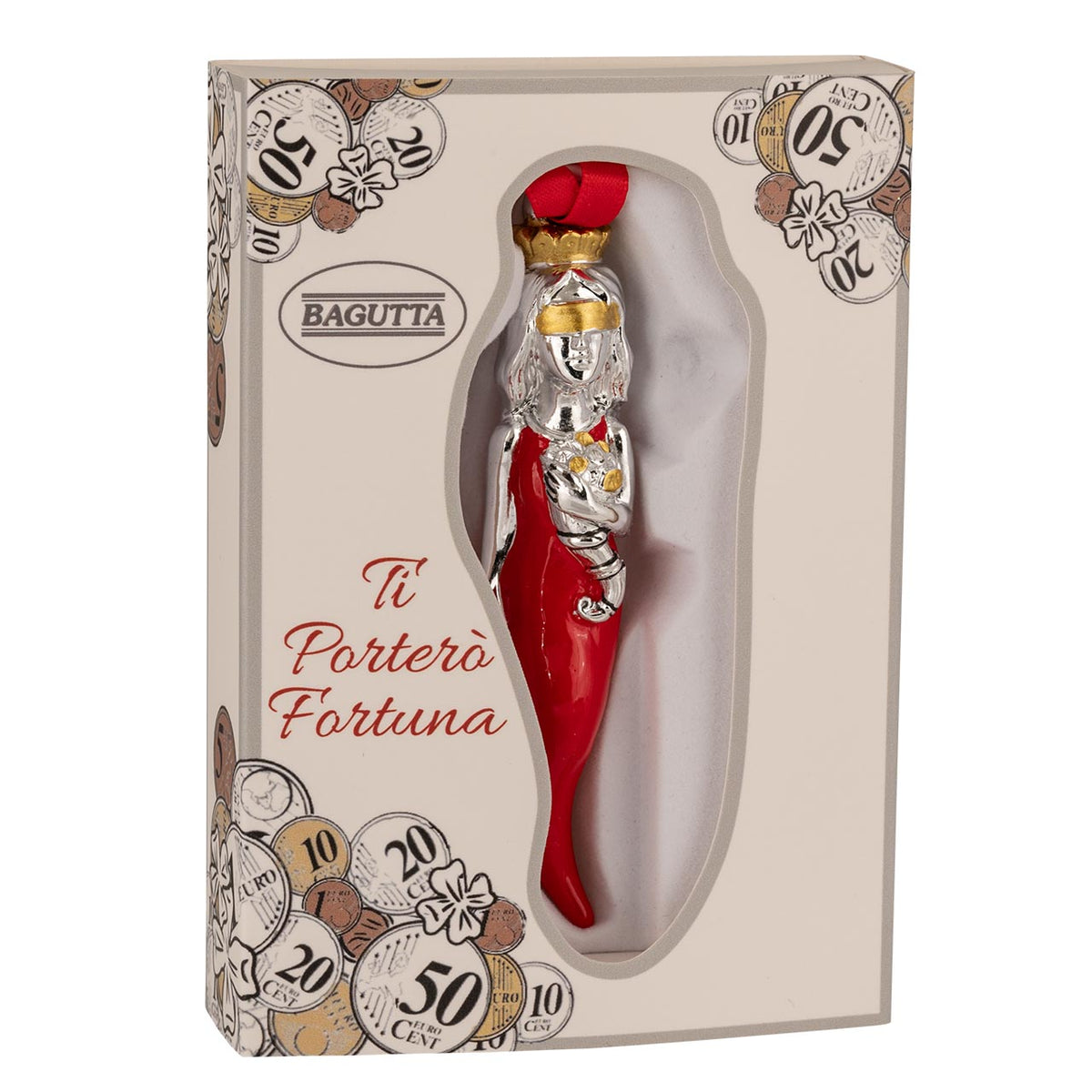 Bagutta Talismano Portafortuna Cornino Rosso con Dea Bendata e Cornucopia 9,5 cm