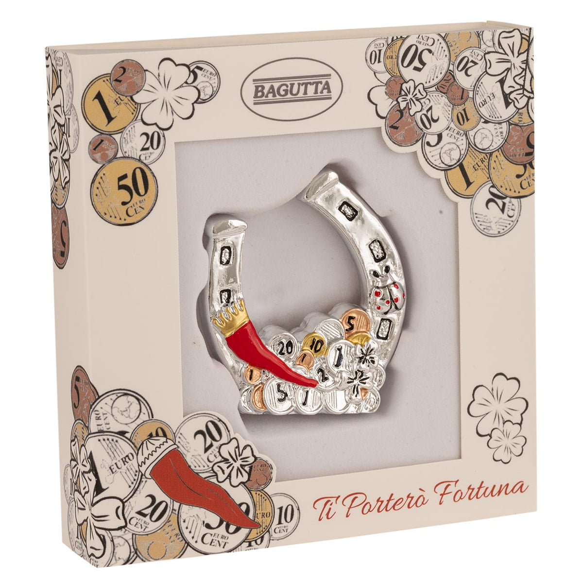 Bagutta Talismano Portafortuna Ferro di Cavallo con Cornino e Monete 5 cm