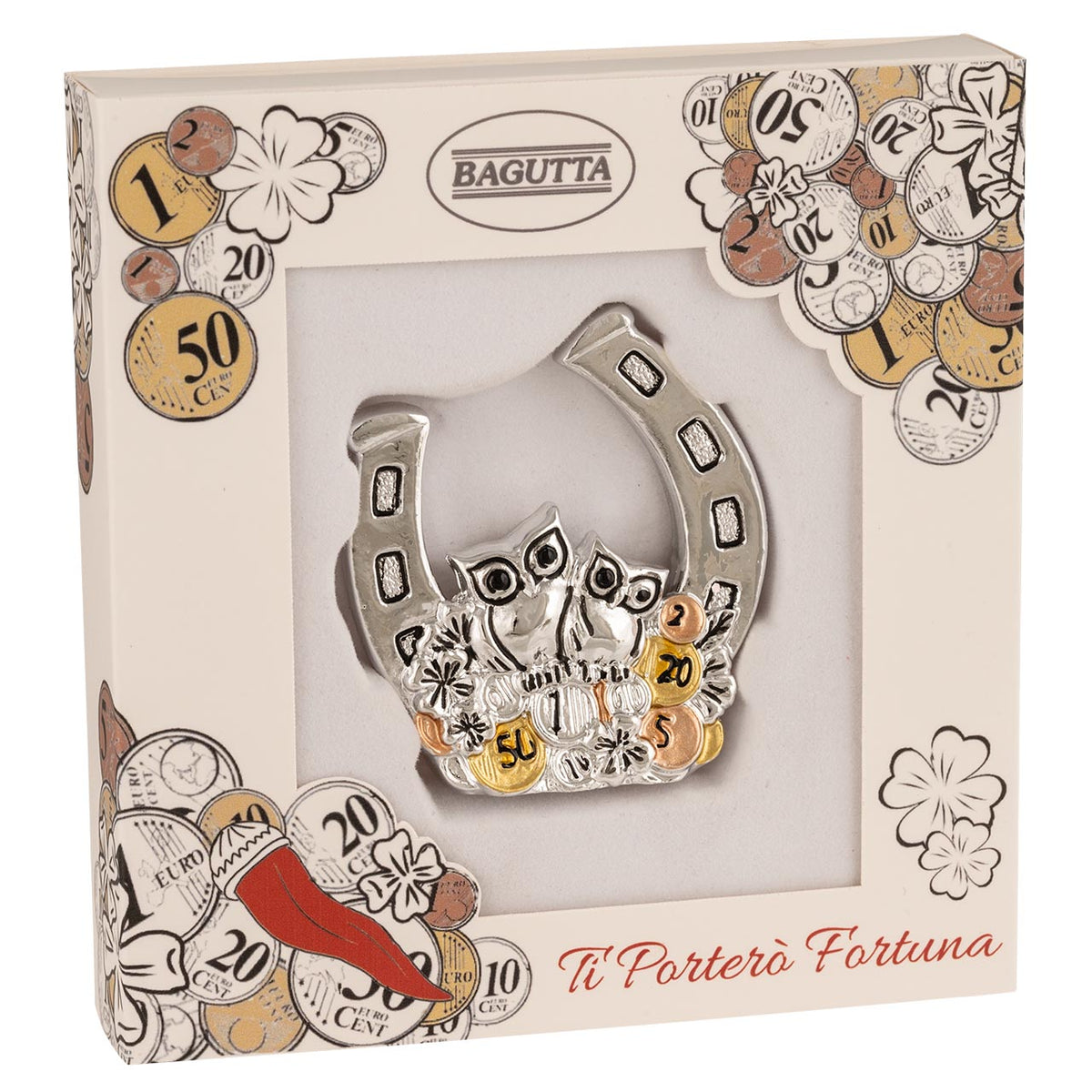 Bagutta Talismano Portafortuna Ferro di Cavallo con Gufo e Monete 5 cm