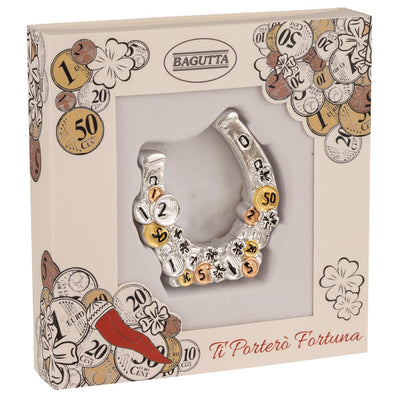 Bagutta Talismano Portafortuna Ferro di Cavallo con Quadrifoglio e Monete 5 cm