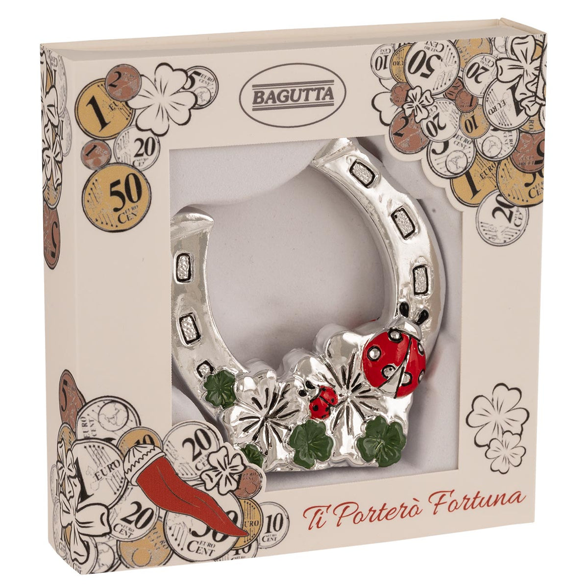 Bagutta Talismano Portafortuna Ferro di Cavallo con Coccinella e Quadrifogli 7,5 cm