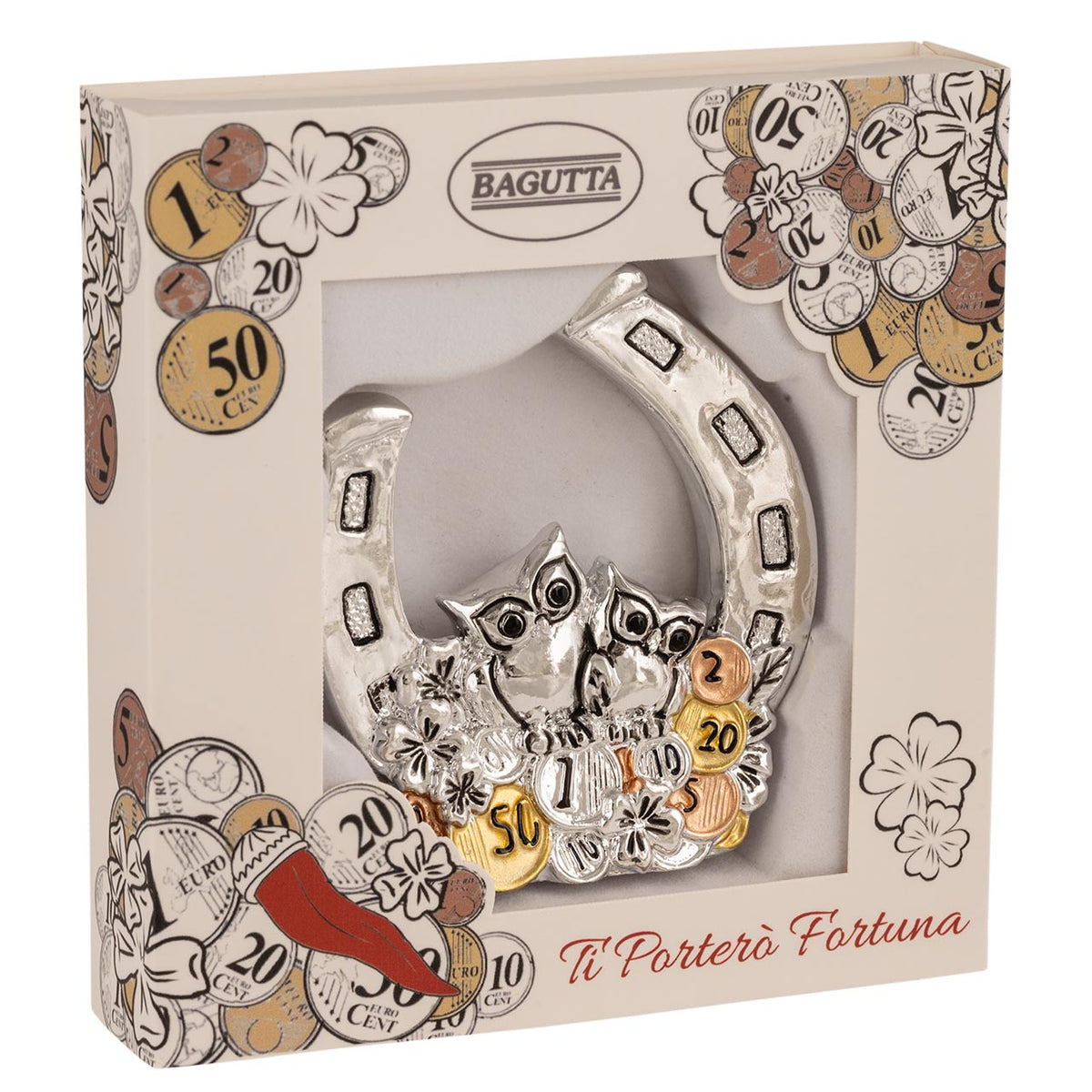 Bagutta Talismano Portafortuna Ferro di Cavallo con Gufo e Monete 7,5 cm
