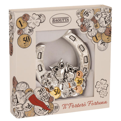 Bagutta Talismano Portafortuna Ferro di Cavallo con Gufo e Monete 7,5 cm