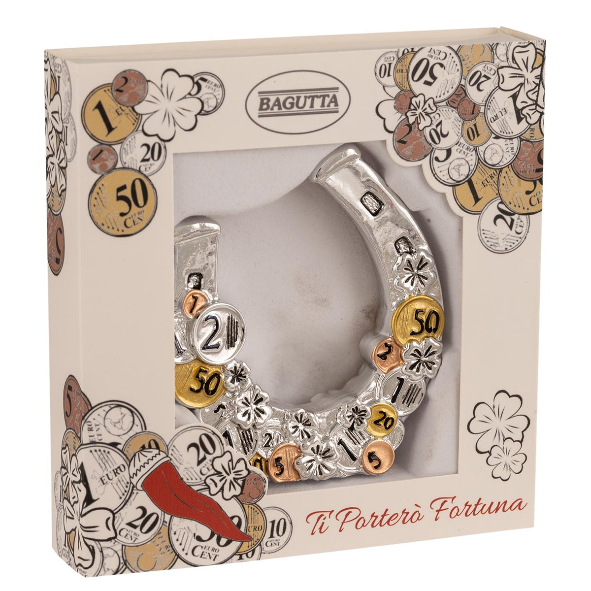 Bagutta Talismano Portafortuna Ferro di Cavallo con Quadrifoglio e Monete 7,5 cm