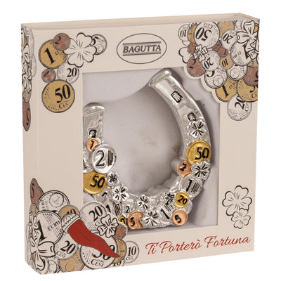 Bagutta Talismano Portafortuna Ferro di Cavallo con Quadrifoglio e Monete 7,5 cm