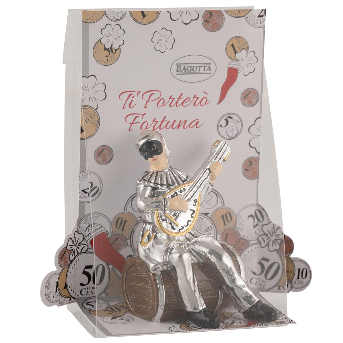 Bagutta Talismano Portafortuna Pulcinella Seduto sulla Botte con Mandolino 8 cm