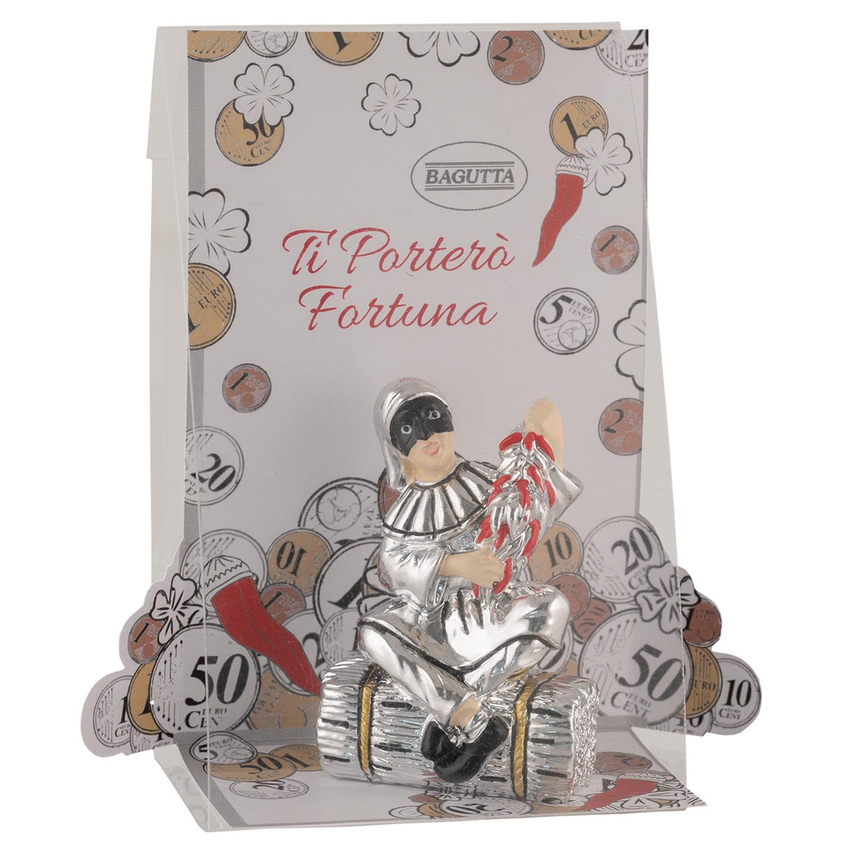 Bagutta Talismano Portafortuna Pulcinella con Peperoncini Seduto sul Baule 7 cm